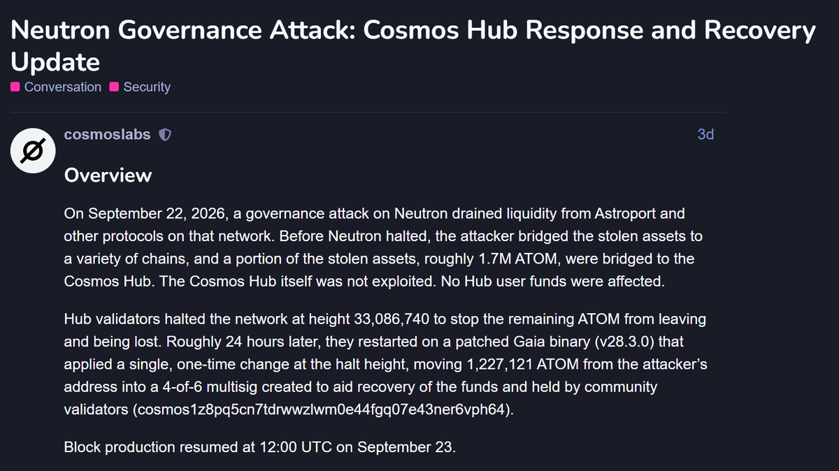 Screenshot of the Cosmos Labs forum post describing the Cosmos Hub halt and the move of 1,227,121 ATOM into a recovery account