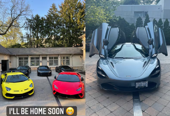 A yellow and a red Lamborghini and other sports cars outside a mansion, and a grey McLaren with its doors open, with the caption I will be home soon