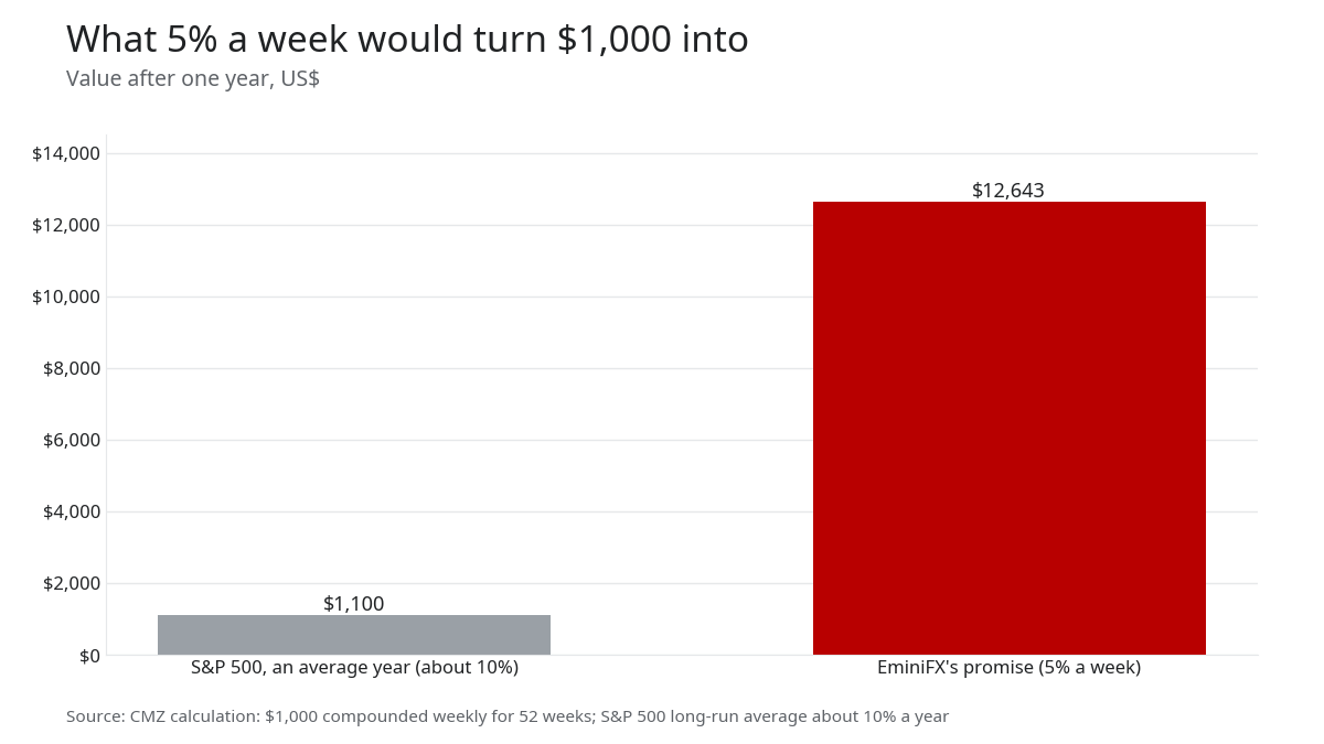 Bar chart: $1,000 grows to about $1,100 in an average year for the S&P 500, but to $12,643 at EminiFX's promised 5% a week